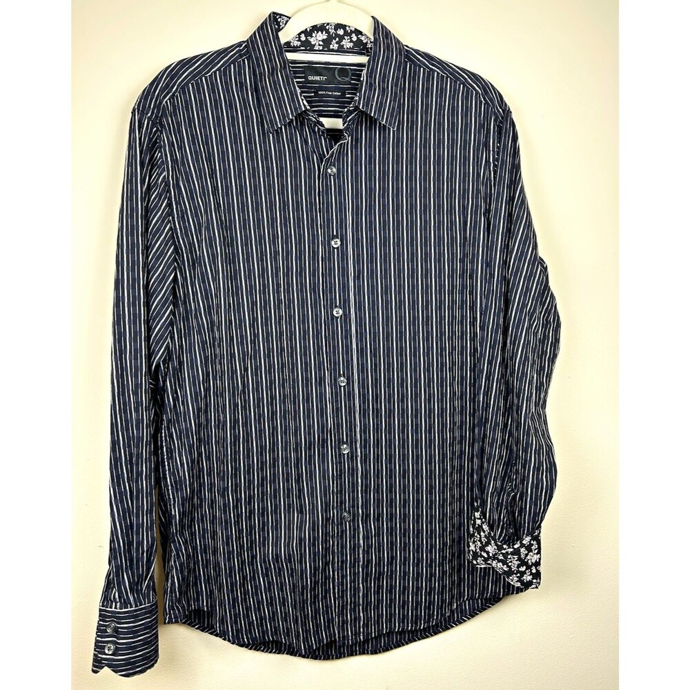 QUIETI Men’s L Striped Woven 100% Fine Cotton Button-Up Shirt Long Sleeve